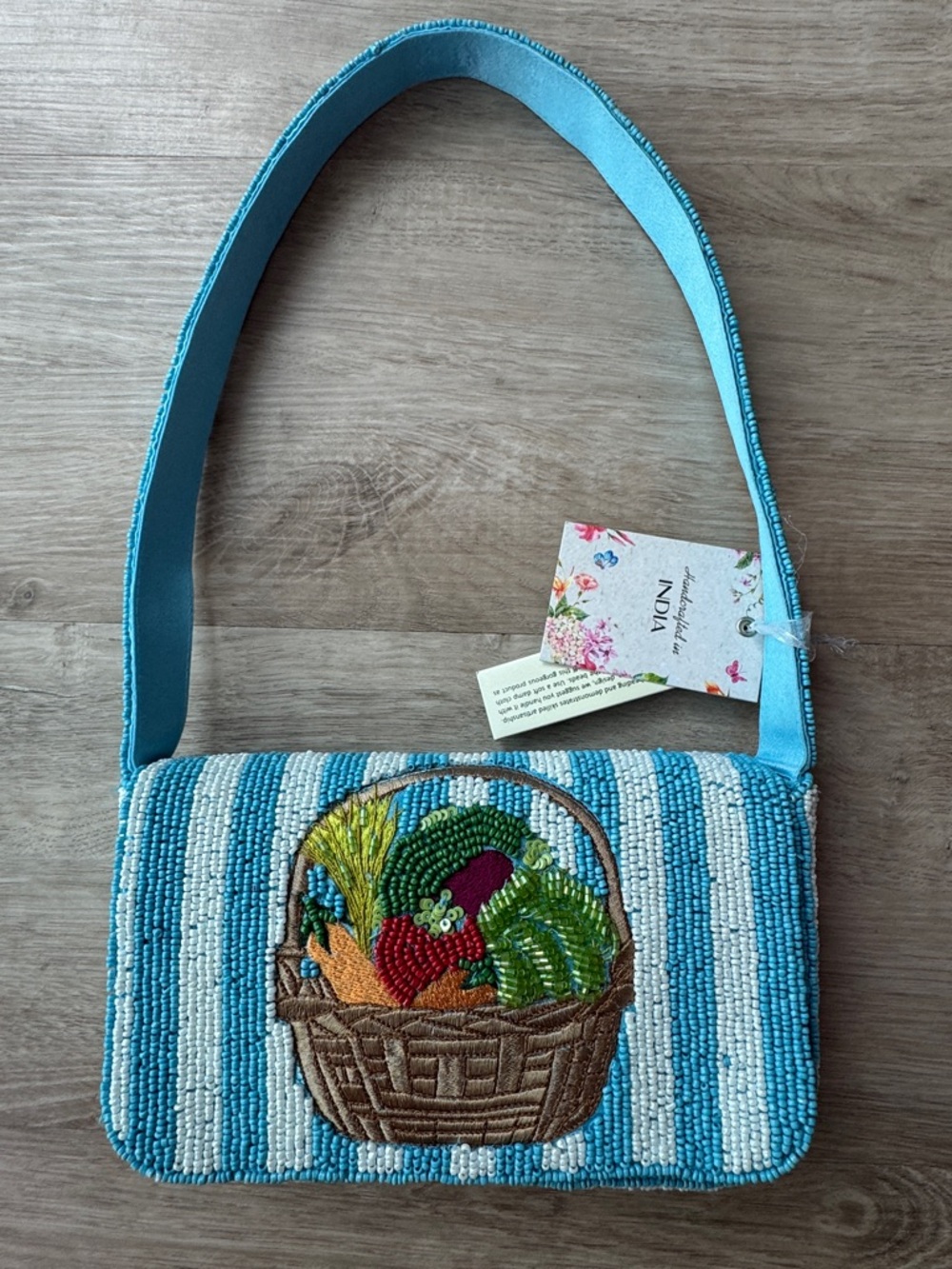 Handcrafted in India Blue Striped Vegetable Beaded Bag Viral TikTok NWT